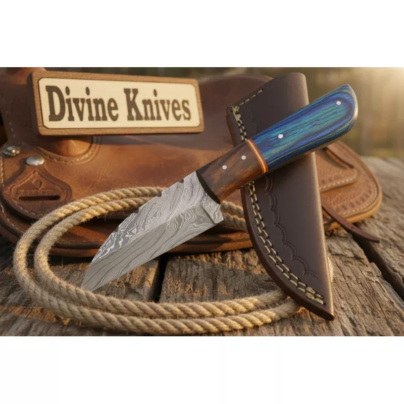 Damascus Fixed Blade Knife with Blue Pakka Wood Handle and Dark Spacer