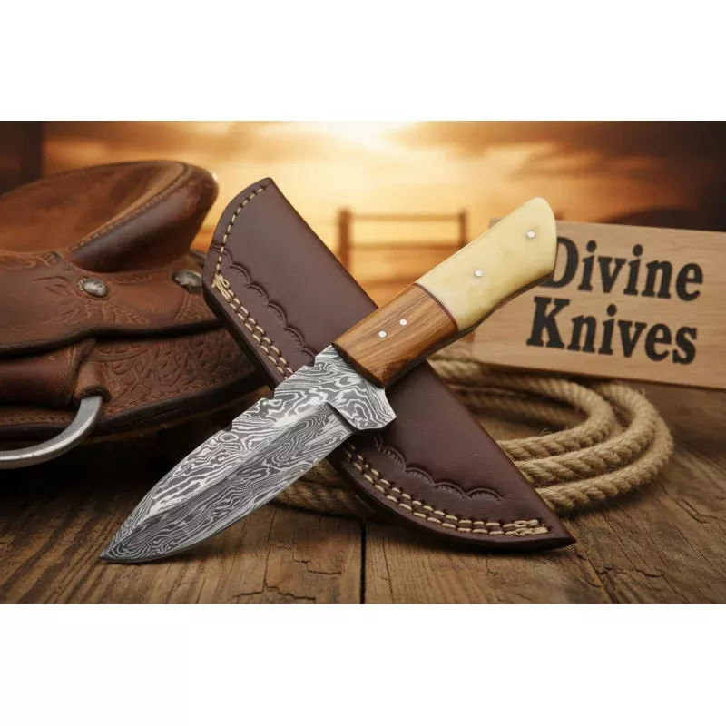 Damascus Fixed Blade Knife with Bone Handle and Wood Accent