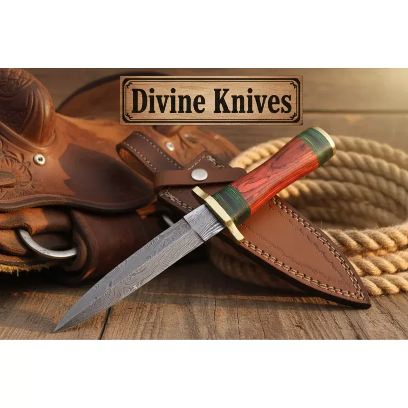 Damascus Fixed Blade Knife with Dark Wood Handle and Green Ring Accent