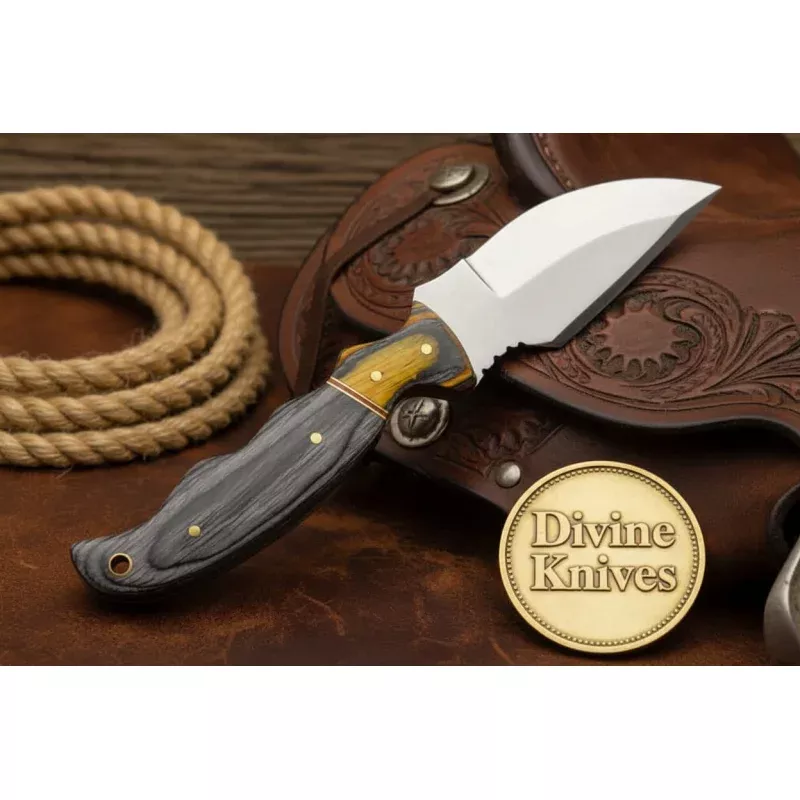 Damascus Fixed Blade Knife with Gray Wood Handle and Yellow Accent Band