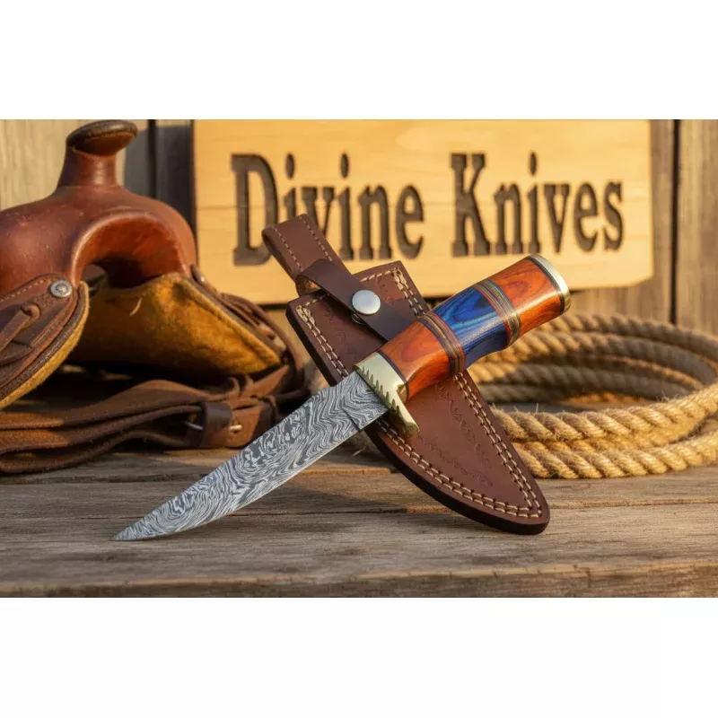Damascus Fixed Blade Knife with Multi Color Wood Handle and Brass Bolster