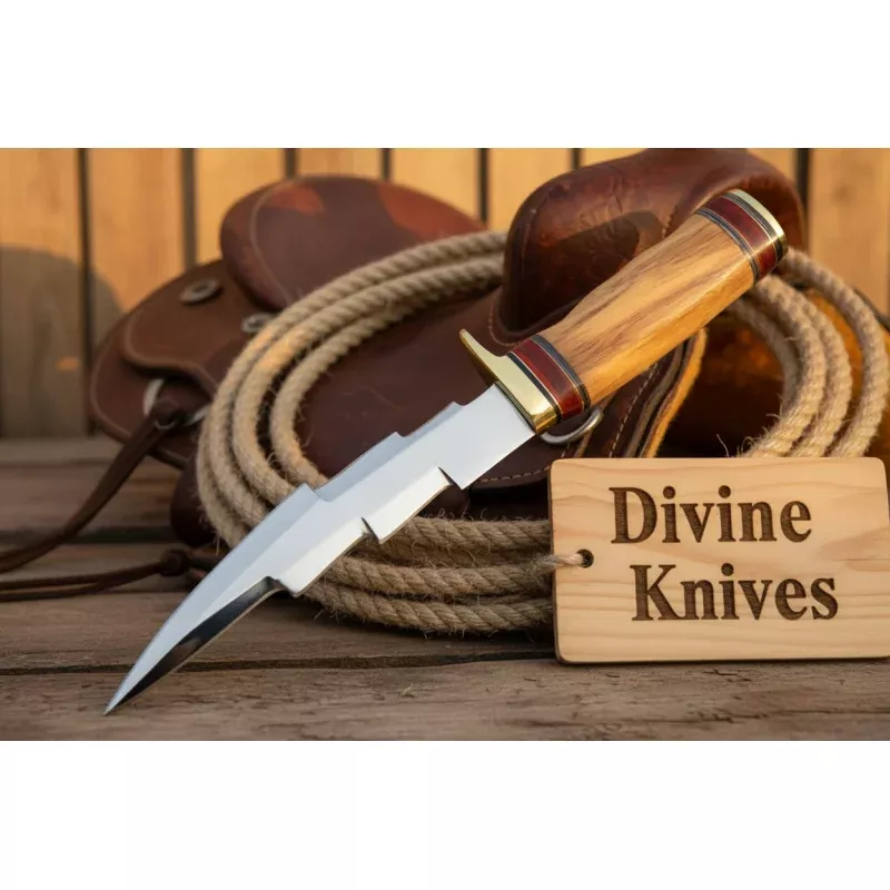 Damascus Fixed Blade Knife with Olive Handle and Brass Ring Accents