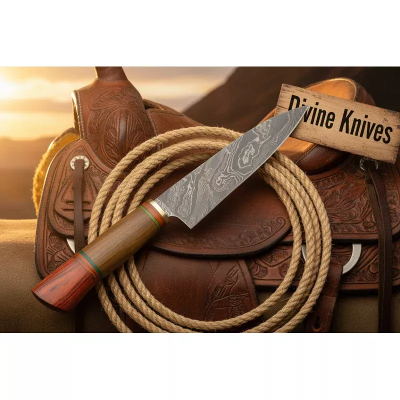 Damascus Fixed Blade Knife with Red and Green Ring Accented Handle