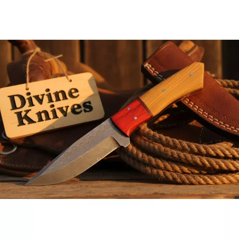 Damascus Fixed Blade Knife with Tan and Red Wood Handle