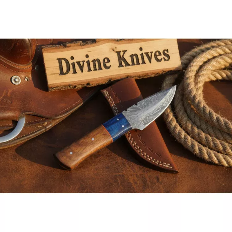 Damascus Fixed Blade Knife with Tan Wood Handle and Blue Accent Band