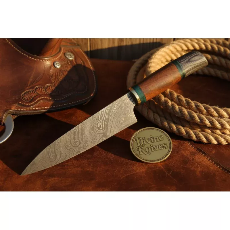 Damascus Fixed Blade Knife with Two Tone Gray Wood Handle
