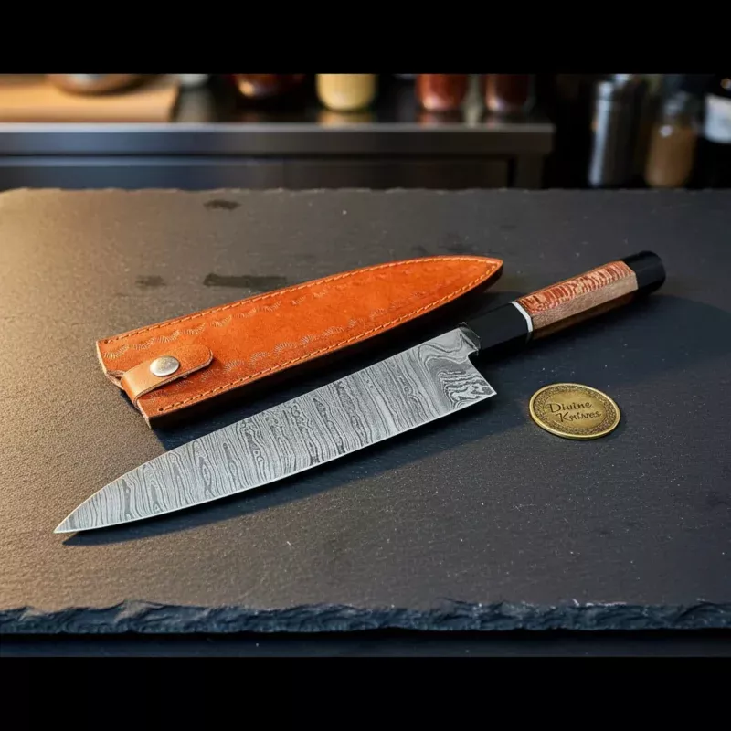Damascus Gyuto Knife with Red Pakka HandleHandmade Chef Knife