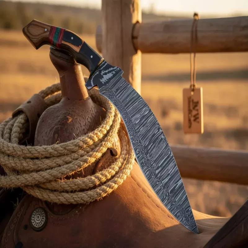 Damascus Kukri Knife with Natural Wood Handle and Forward Curved Blade