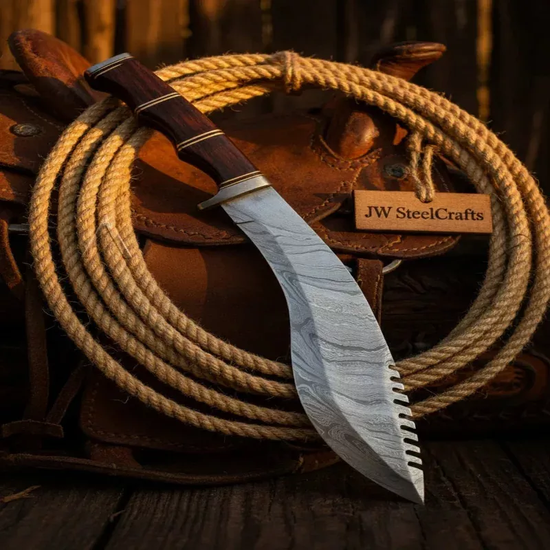 Damascus Kukri Knife with Rosewood Handle, 10 Blade
