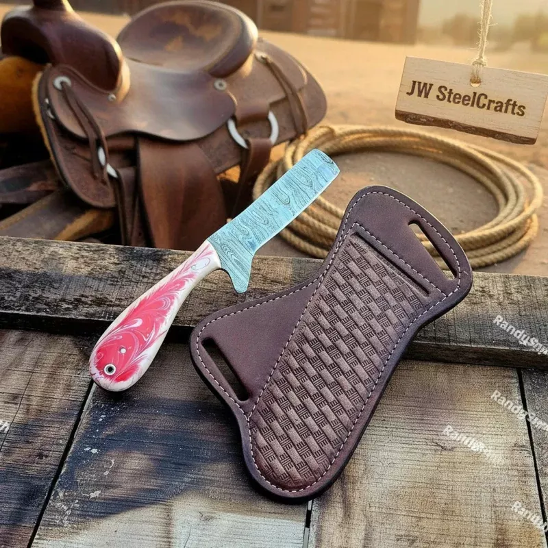 Damascus Pancake Holster Knife7.5 Pakka Wood Handle Western Pancake Sheath