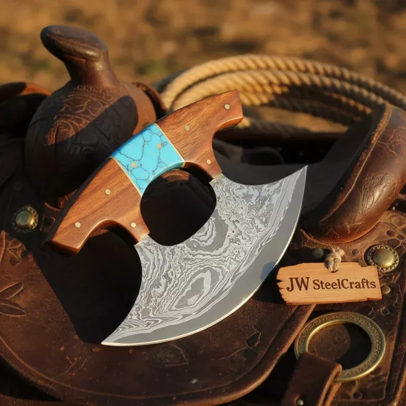 Damascus Push Dagger Ulu knife 4 Rosewood Turquoise Handle Kitchen Chopper Pizza Cutter