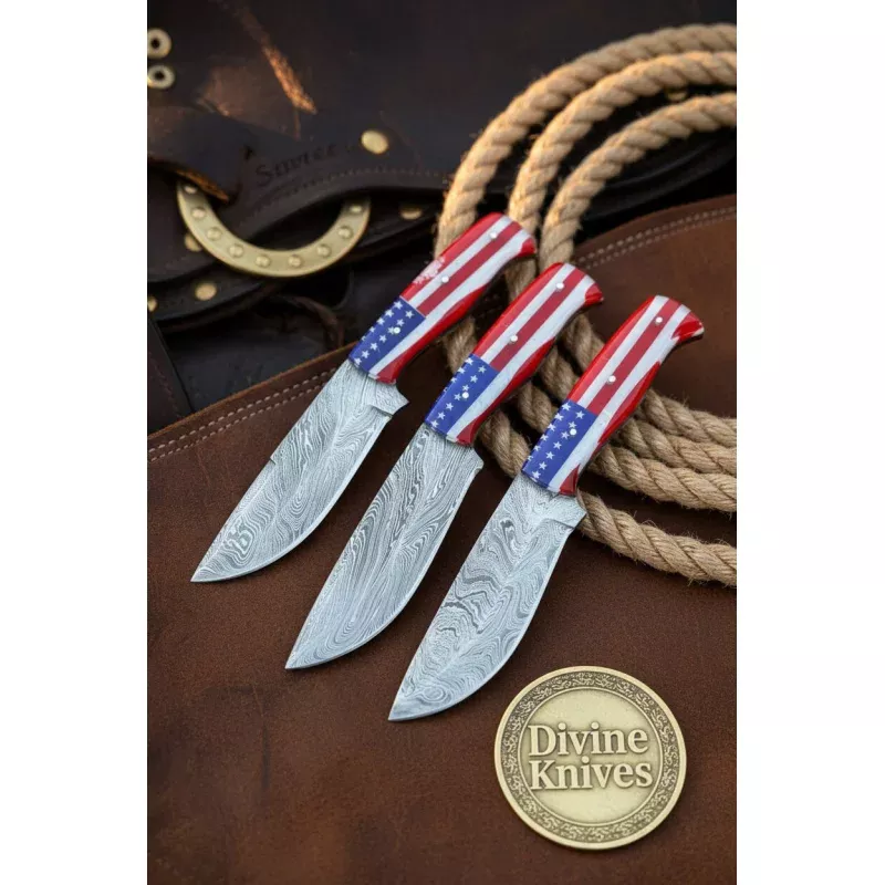 Damascus Skinner Knife Set with American Flag Handles (Set of 3)