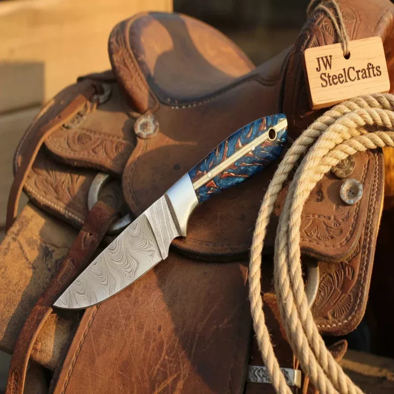 Damascus Skinner Knife with Blue Pinecone Handle, 7 Fixed Blade