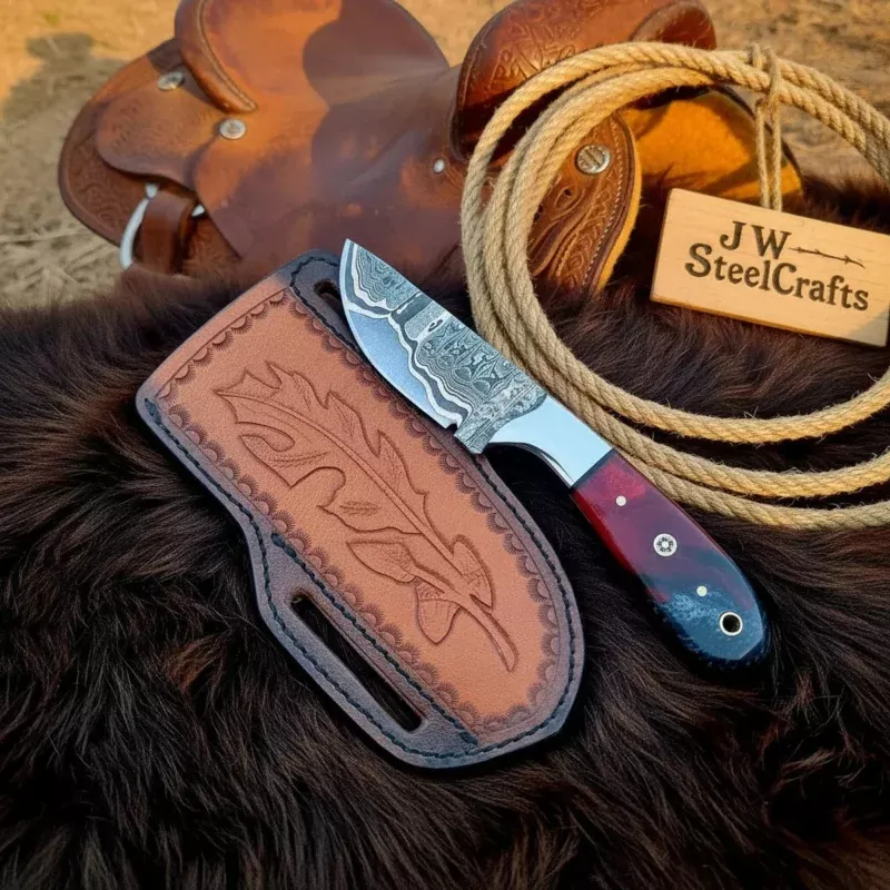 Damascus Skinner KnifeHandmade Cowboy Bull Cutter with Crimson Resin Handle