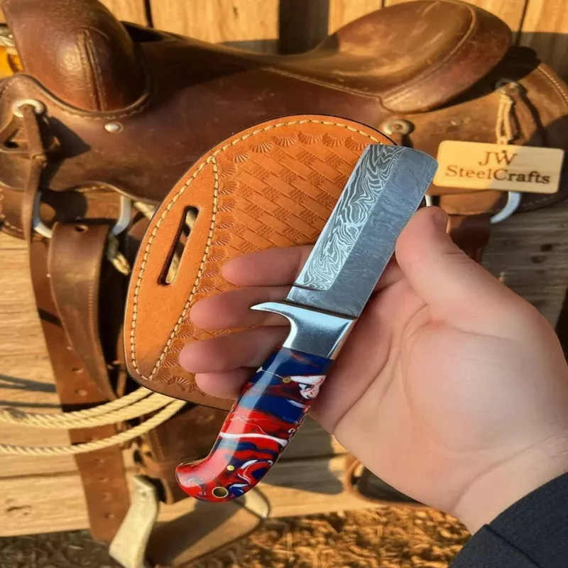 Damascus Steel Bull Cutter Knife with Resin Handle, 7 Fixed Blade