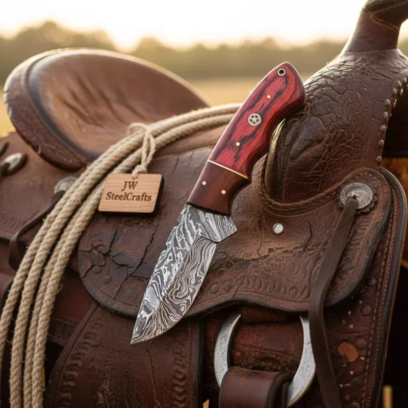 Damascus Steel Cowboy Knife 7 Overall Colored Wood Handle Full Tang