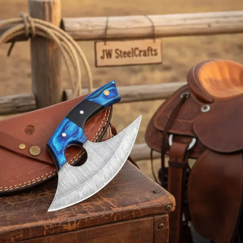 Damascus Steel Ulu Knife 5 Blue Pakka Wood & Micarta Handle