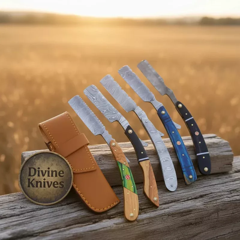 Damascus Straight Razor Set of 5 with Leather PouchHandcrafted Cut-Throat Razor Collection