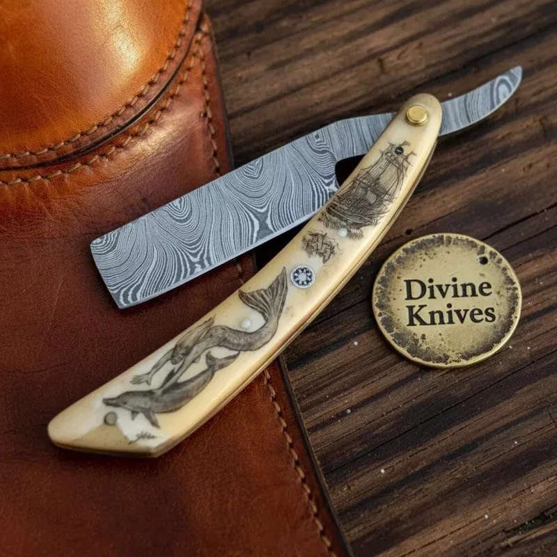 Damascus Straight Razor with Olive Wood Handle & Leather PouchHandcrafted Cut-Throat Razor for Travel