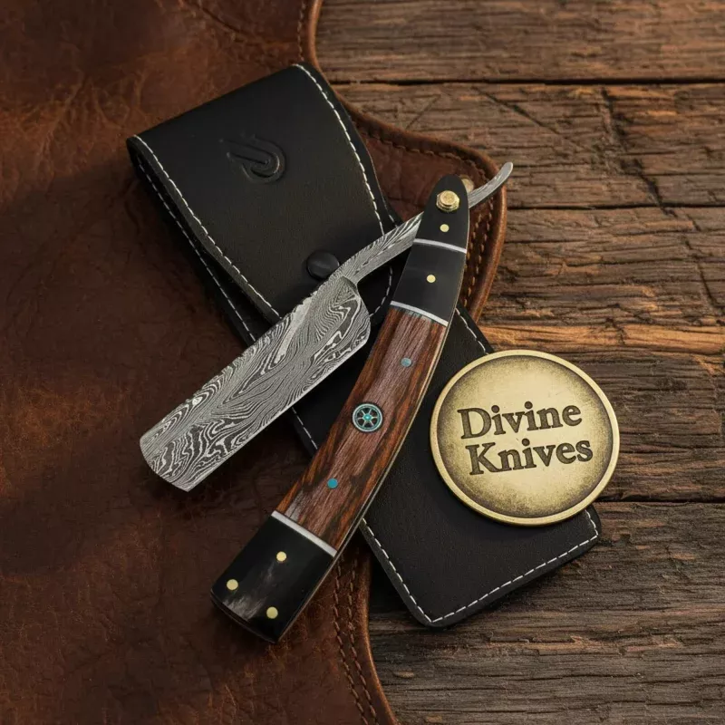 Damascus Straight Razor with Rosewood Handle & Turquoise PinHandcrafted Cut-Throat Razor with Western Accent