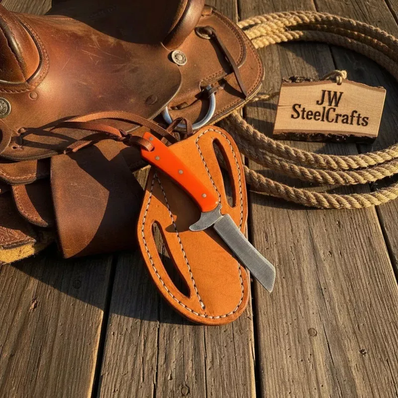 Damascus Tanto Cowboy Skinner Knife 7 with Orange Resin Handle