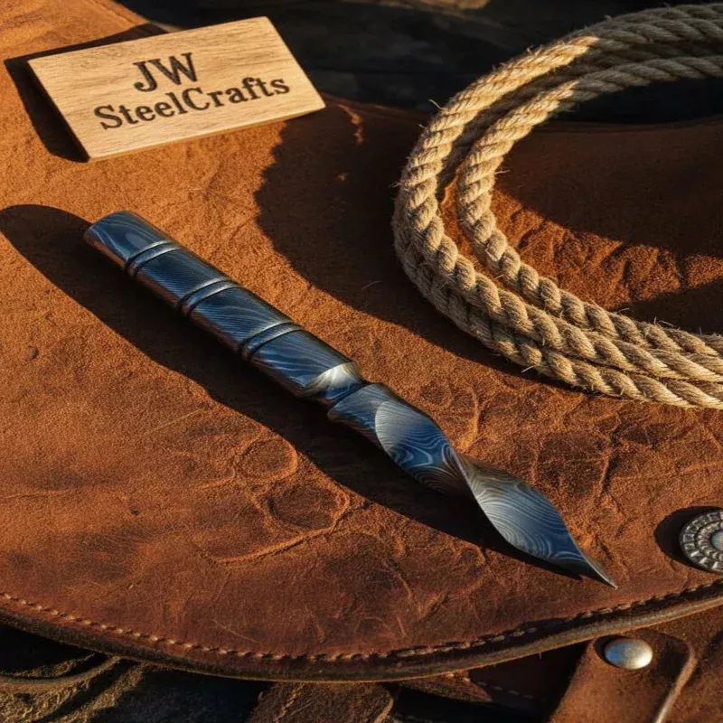 Damascus Tri-Edge Cyclone Dagger with Spiral Blue Patina Blade