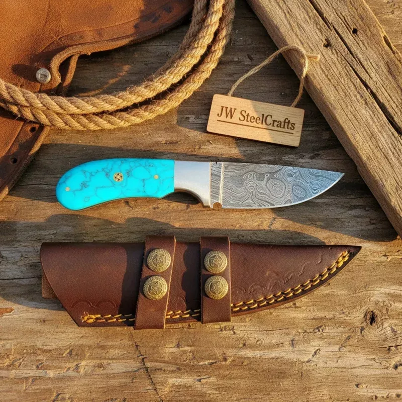 Damascus Turquoise Skinner KnifeHandmade Fixed Blade