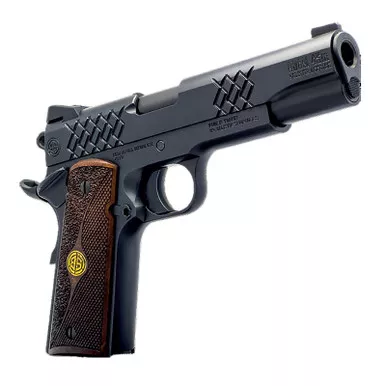 Dickinson LLC DKSN45BM 1911 Adam Full Size Frame 45 ACP 8+1 5" Matte Black Button Rifled Barrel, Matte Black Serrated Aluminum Slide, Matte Black Steel Frame, Wood Grips