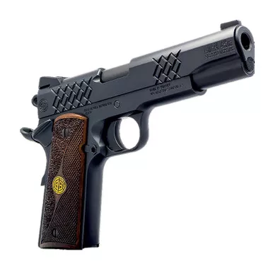 Dickinson LLC DKSN9BM 1911 Adam Full Size Frame 45 ACP 8+1 4.37" Matte Black Button Rifled Barrel, Matte Black Serrated Aluminum Slide, Matte Black Steel Frame, Wood Grips
