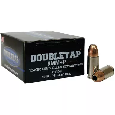 DoubleTap Ammunition 9MM124HP209mm+P Luger 124gr Controlled Expansion JHP 20 Per Box/50 Case