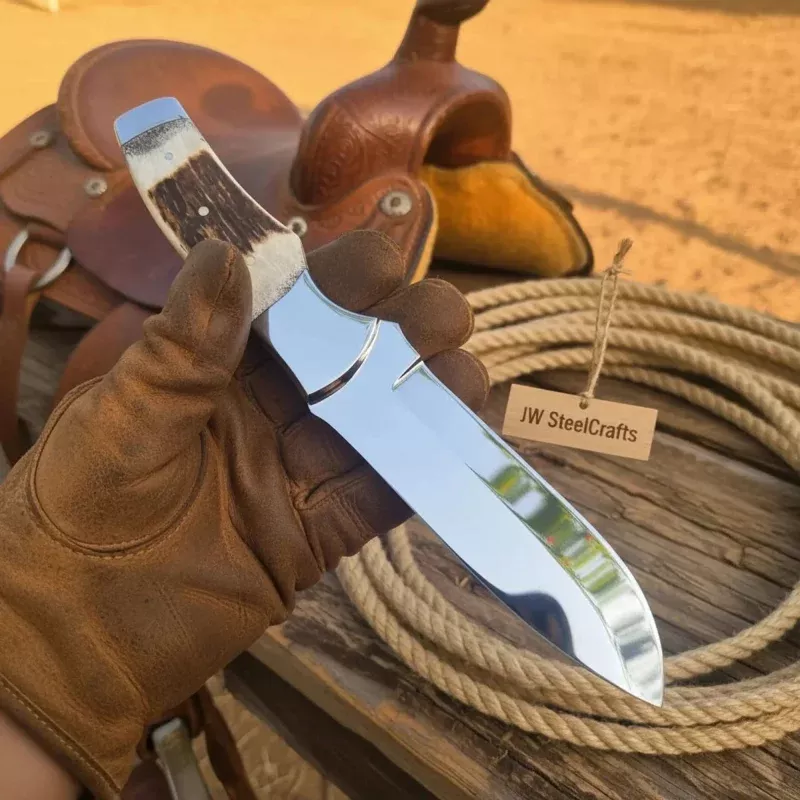Drop Point Bushcraft Knife 10Polished Steel Blade with Natural Stag Handle