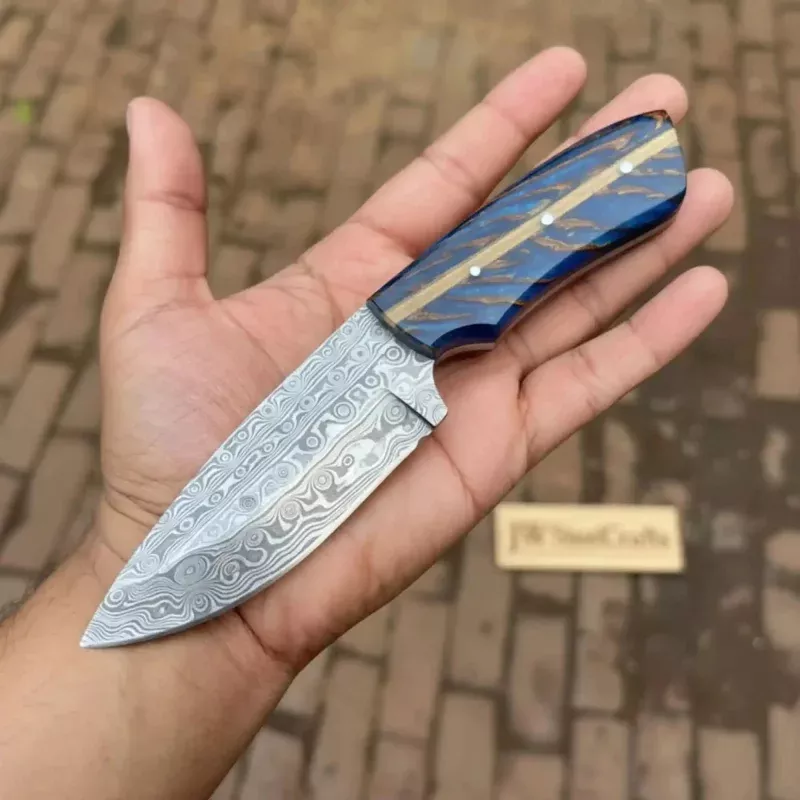 Drop Point Damascus Knife 7 EDCPersian Utility Style, Blue Pinecone Resin Handle Handmade