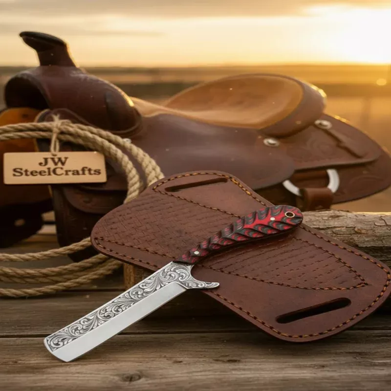 Engraved Back Bull Cutter Knife with Colored Wood Handle