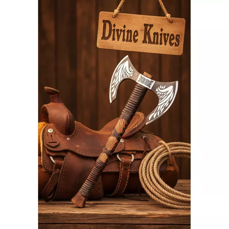 Engraved Viking Wing Axe with Leather-Wrapped Handle