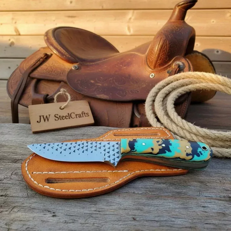 Farrier Rasp Camo Cowboy Knife 7 with Camo Resin Handle Damascus-Style Blade