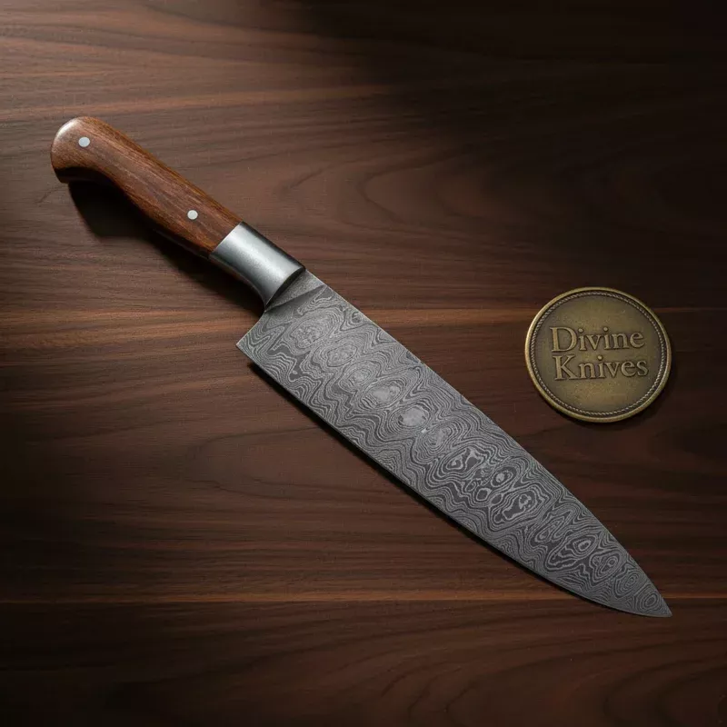 Feather Damascus Chef Knife with Stag Handle & SheathHandcrafted Kitchen & Display Knife