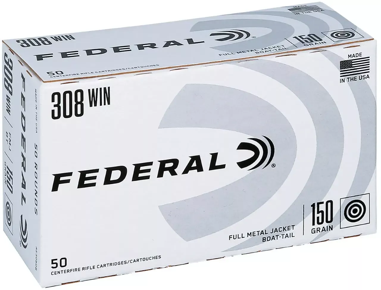 Federal American Eagle .308 Winchester Ammo 150 gr Full Metal Jacket Boat Tail 50 Rounds AE308DB