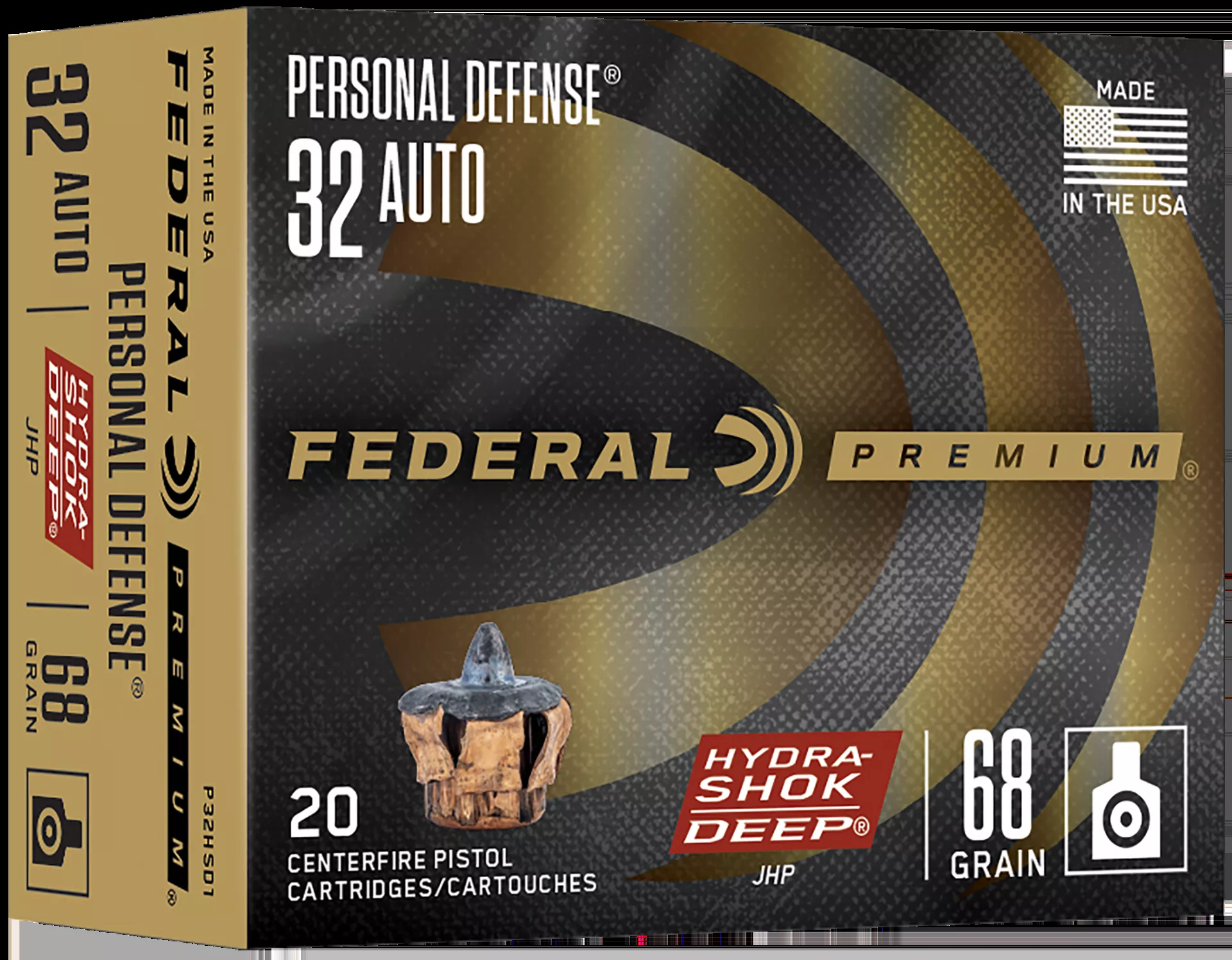 Federal Hydra-Shok Deep Personal Defense 32 ACP Ammo 68 Grain Jacketed Hollow Point 20 Rounds P32HSD1