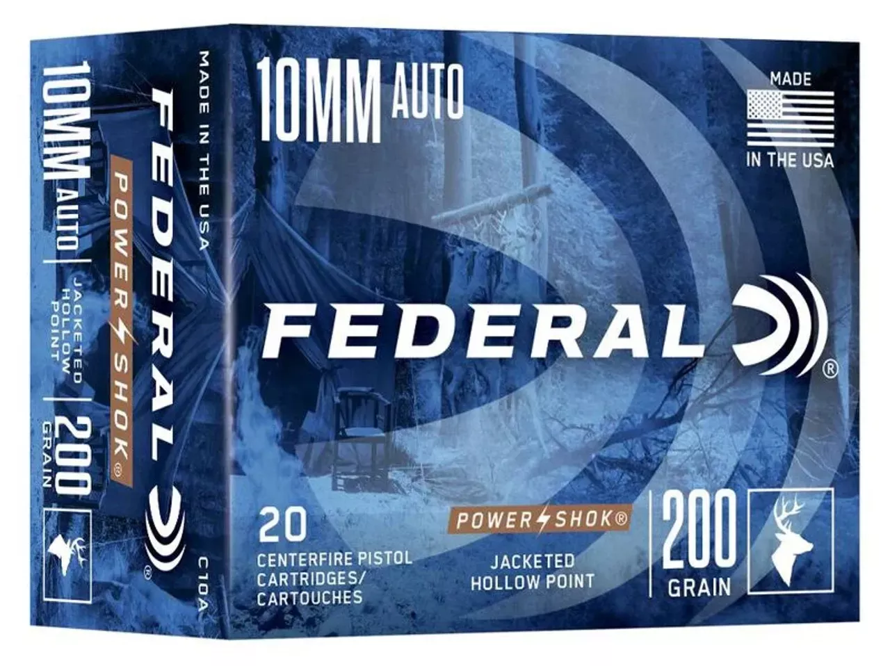 Federal Power-Shok Handgun 10mm Auto Ammo 200 Grain Jacketed Hollow Point 20 Rounds C10A