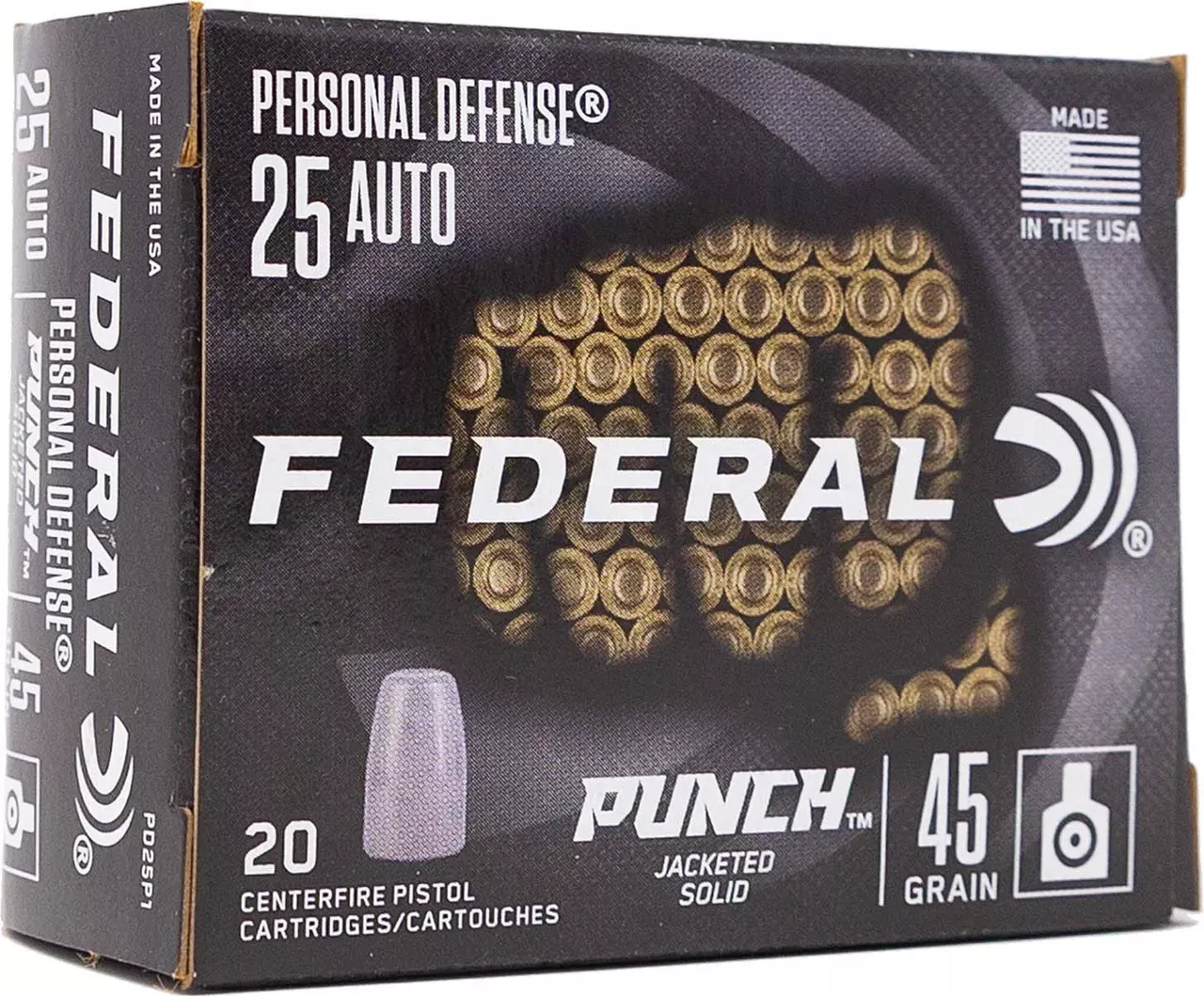 Federal Punch 25 ACP Ammo 45 Grain Hollow Point 20 Rounds PD25P1