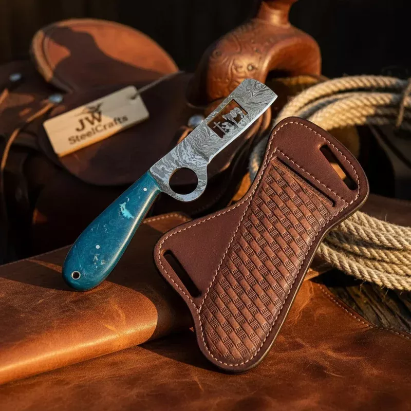 Finger Loop Cowboy Knife 7 Handmade Damascus Fixed Blade