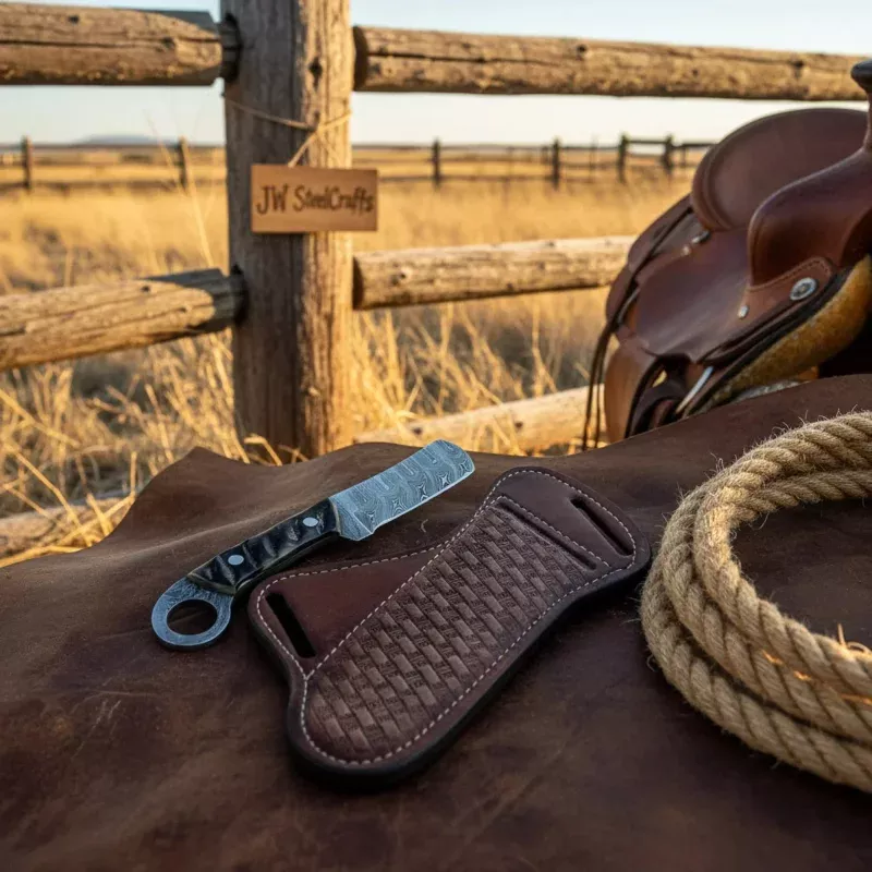 Finger Loop Prairie Bull Cutter 6.5 Handmade rasp Damascus Steel Leather Crossdraw