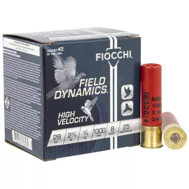 Fiocchi 28HV8 Field Dynamics High Velocity 28Gauge 2.75″ 3/4oz 8Shot 25 Per Box/10 Case