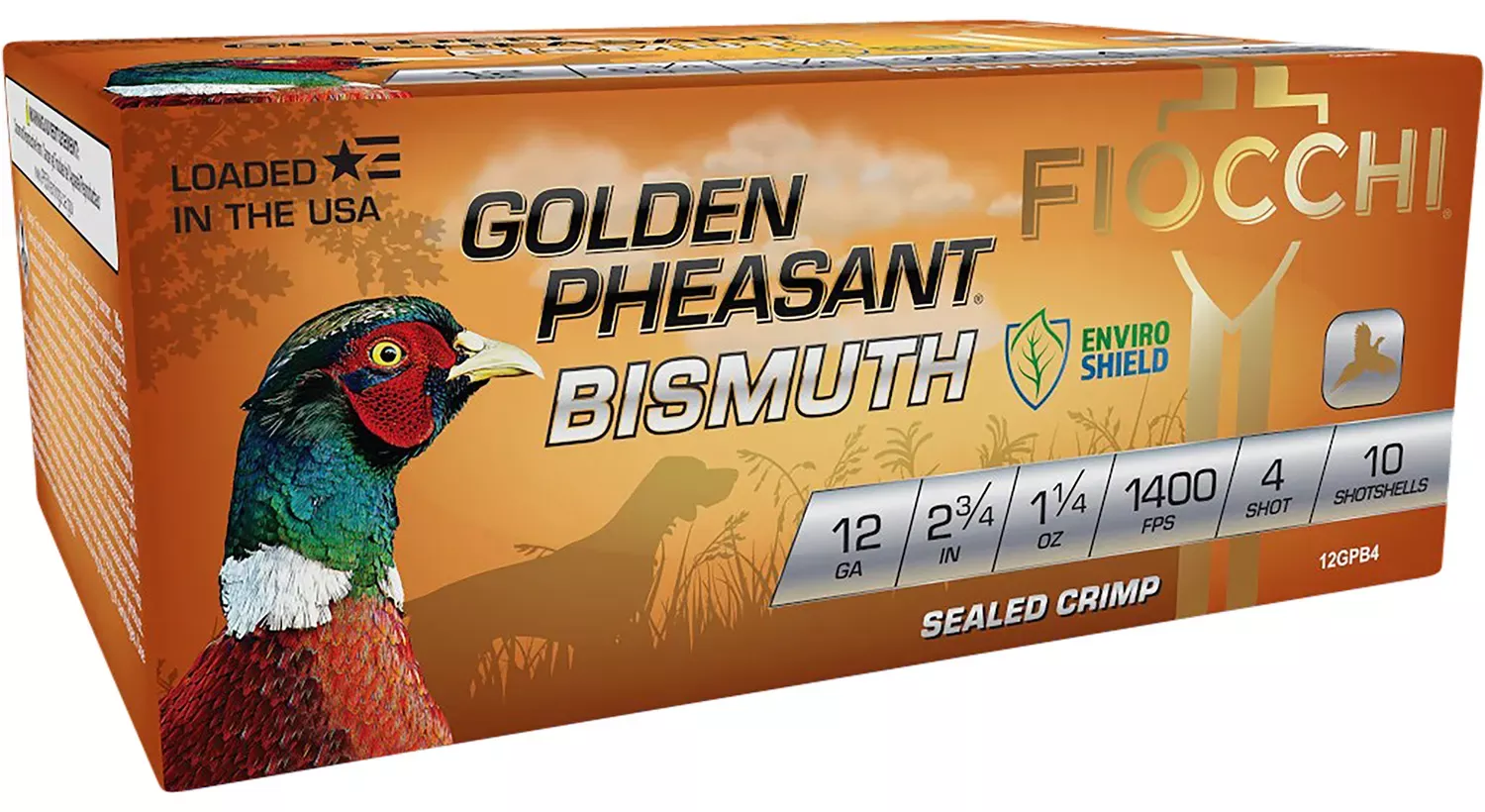 Fiocchi Golden Pheasant Bismuth 12 Gauge 2.75″ 1 1/4 oz 4 Shot 10 Per Box