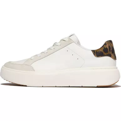 FITFLOP Women’s RTG Leopard-Backtab Leather/Suede Urban White/Chocolate Mix Sneakers (E4F-D26)