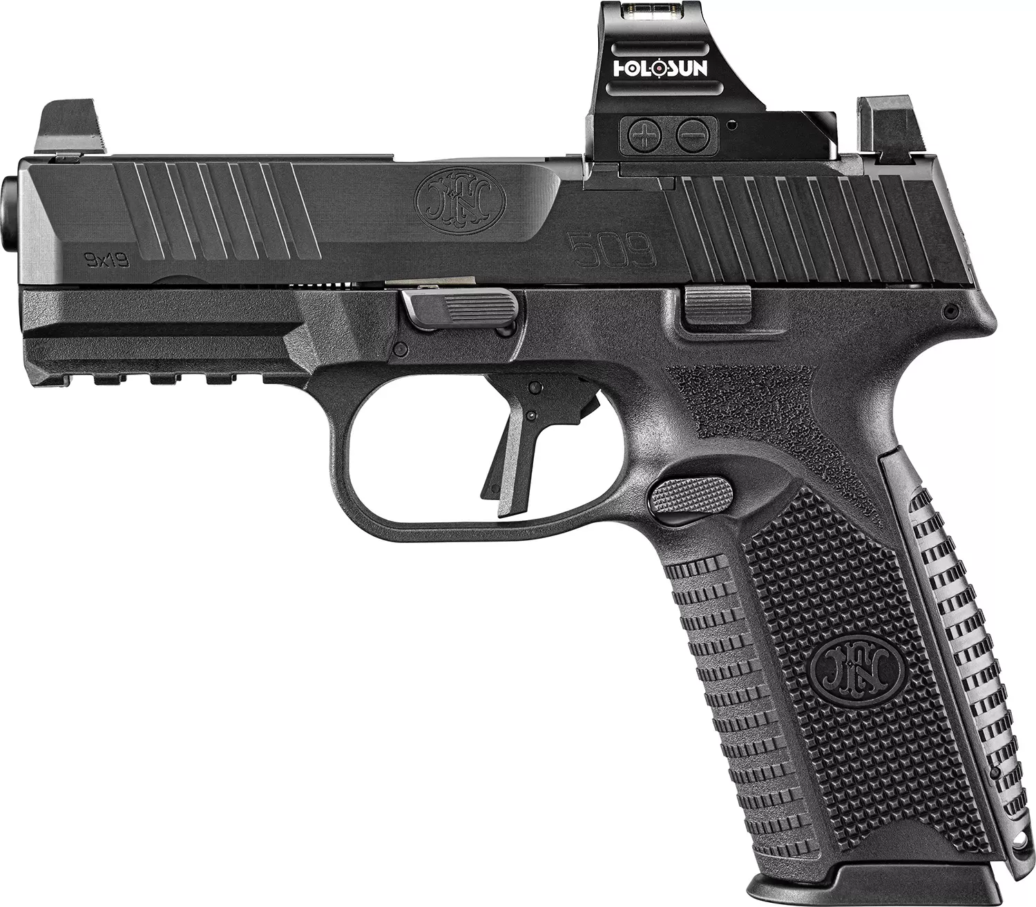 FN 509 MRD w/Optic 9mm Luger 17+1 4.5″ Stainless Barrel/Slide Polymer Frame Holosun Red Dot Co-Witness Iron Sights Black 66101927