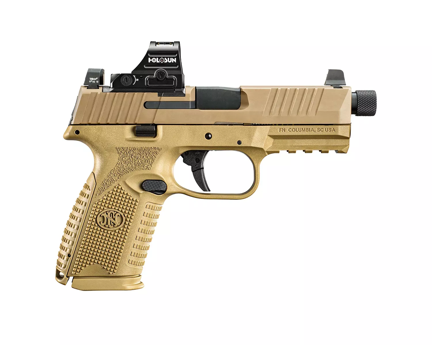 FN 509MT 9mm Pistol 15+1/24+1 4.5″ Threaded Barrel Optic-cut Slide 3-Dot Night Sights Polymer Frame Holosun Red Dot FDE 66101938