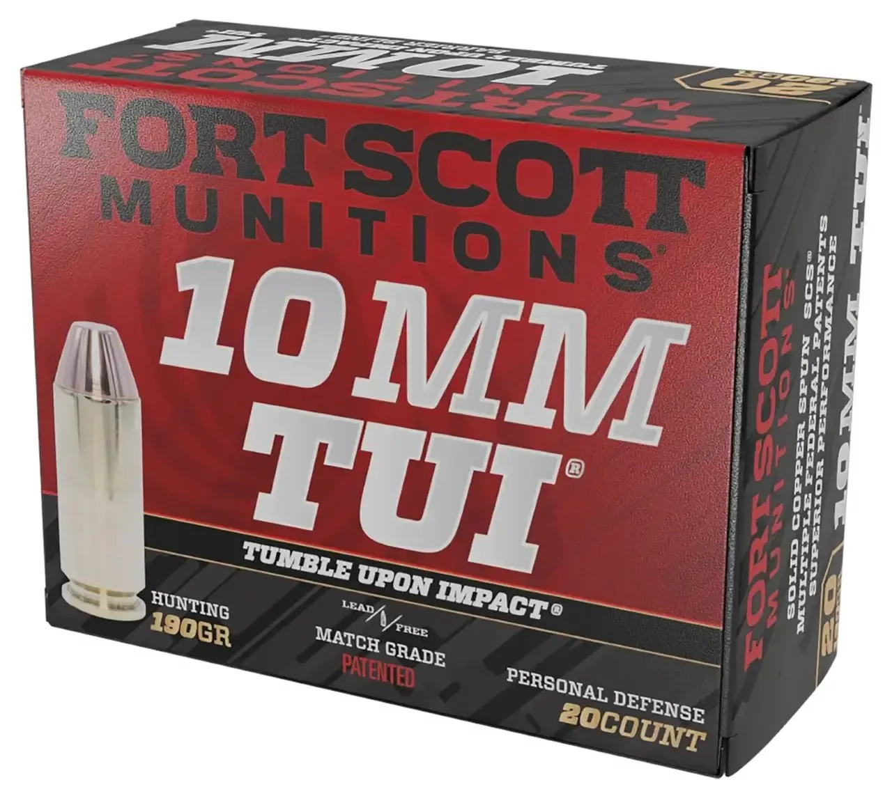 Fort Scott Munitions 10mm TUI Ammo 190 gr Solid Copper Spun 20 Rounds 10MM-190-SCV2