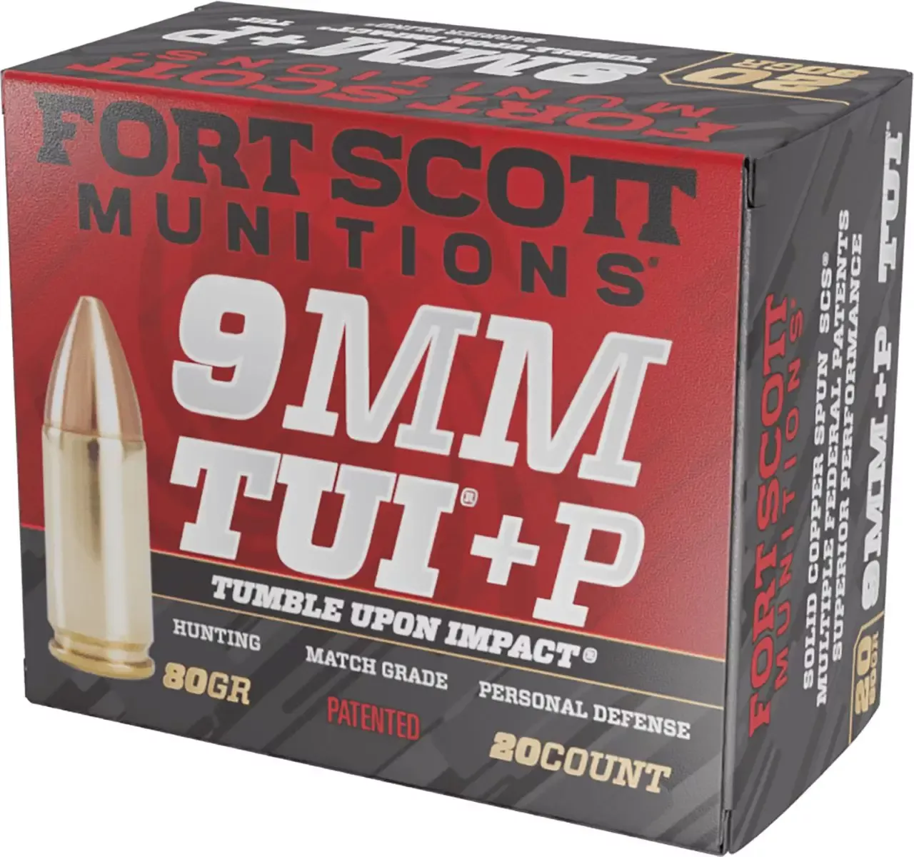 Fort Scott Munitions Tumble Upon Impact (TUI) 9mm +P Ammo 80 gr Solid Copper Spun 20 Rounds 9MM+P-080-SCV