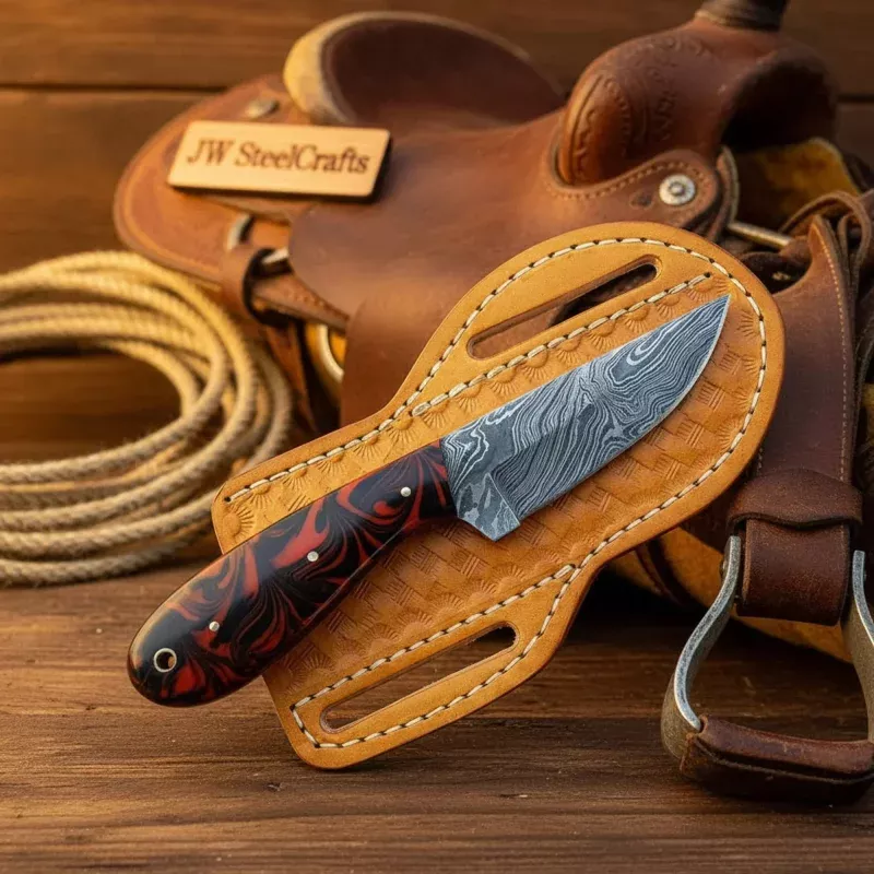 Frontier Hellfire Caper Knife 7 Black Red Resin Handle Western Pancake Leather Sheath